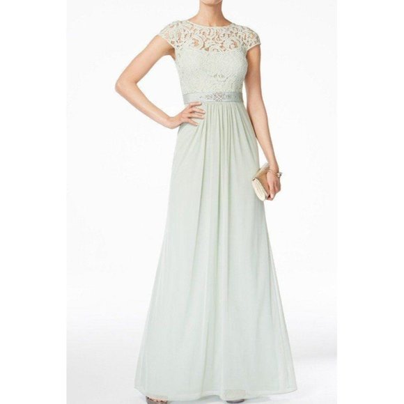 Adrianna Papell Green Mint Lace Beaded Cap Sleeve Bridesmaid Long Maxi Dress 4 - Picture 1 of 9